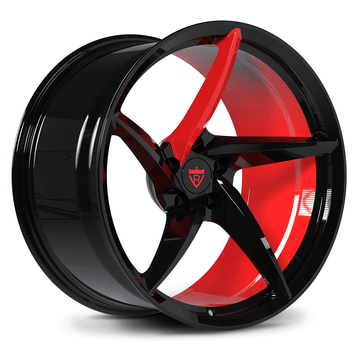 CUSTOM FORGED 5 SPOKE MONOBLOCK SUPER CONCAVE WHEELS: RV-MC35 in black and red finish, designed for high performance and style.